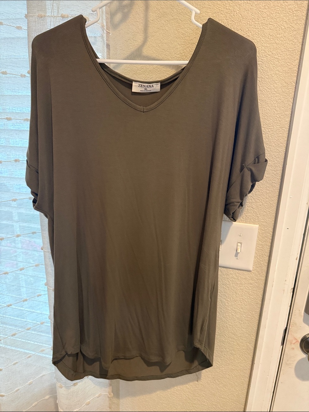 Zenana Woman’s Outfitters Olive Green V-Neck Rolled Sleeve Short Sleeve Top
